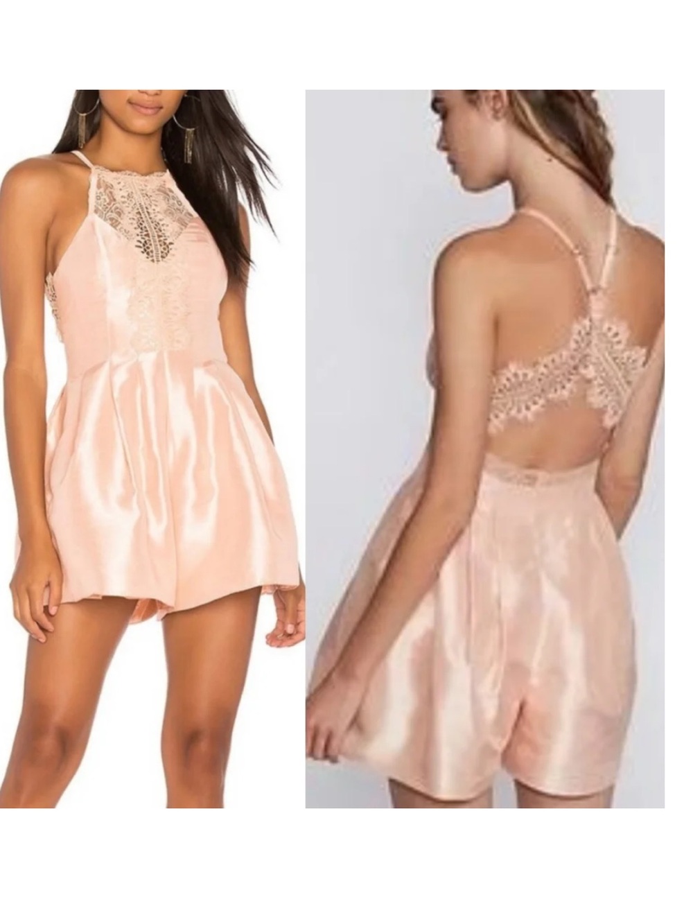 Free People Petal Pink Lace Open Back Satin Romper Size 6 Pockets Lined